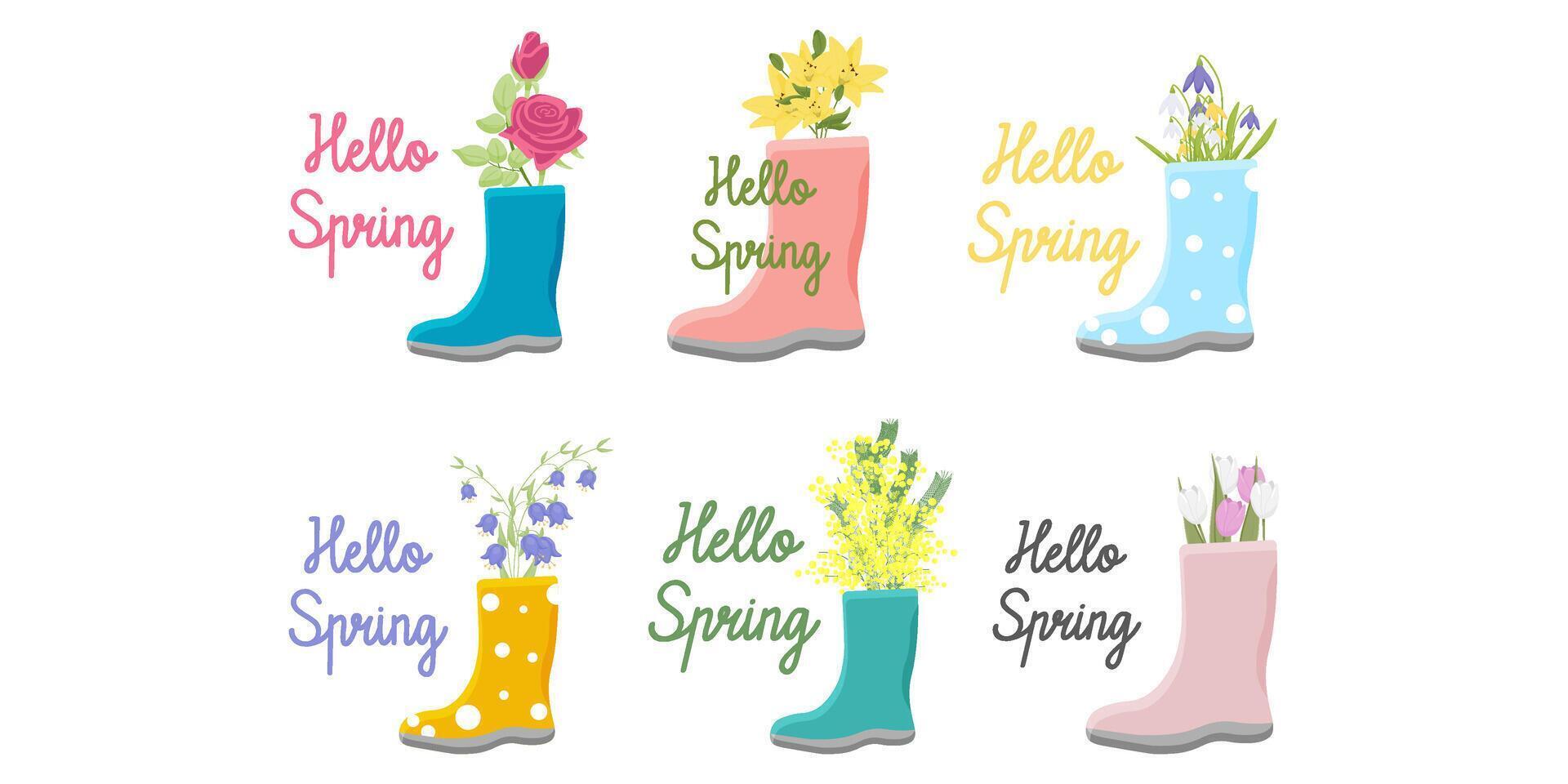 set of cute rubber boots with flowers.  Hello Spring. Vector illustration
