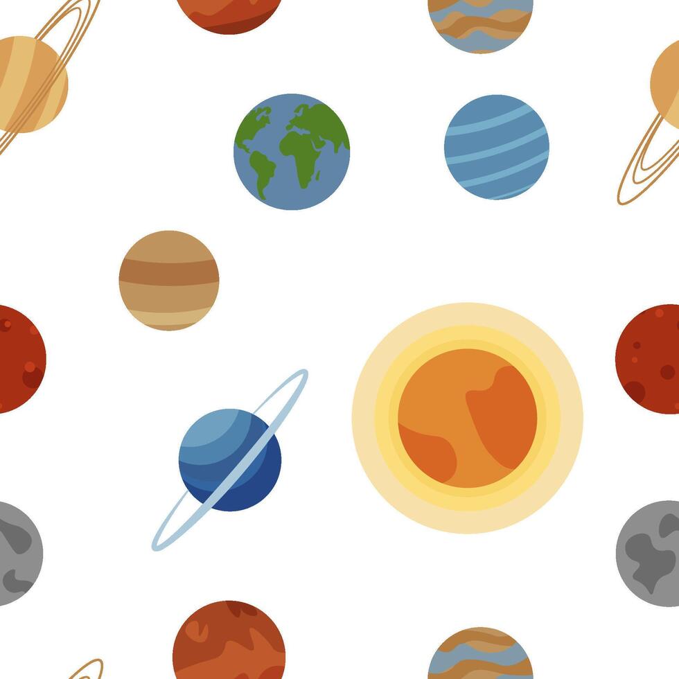 Seamless pattern with cartoon planets on white background. Vector illustration. galaxy