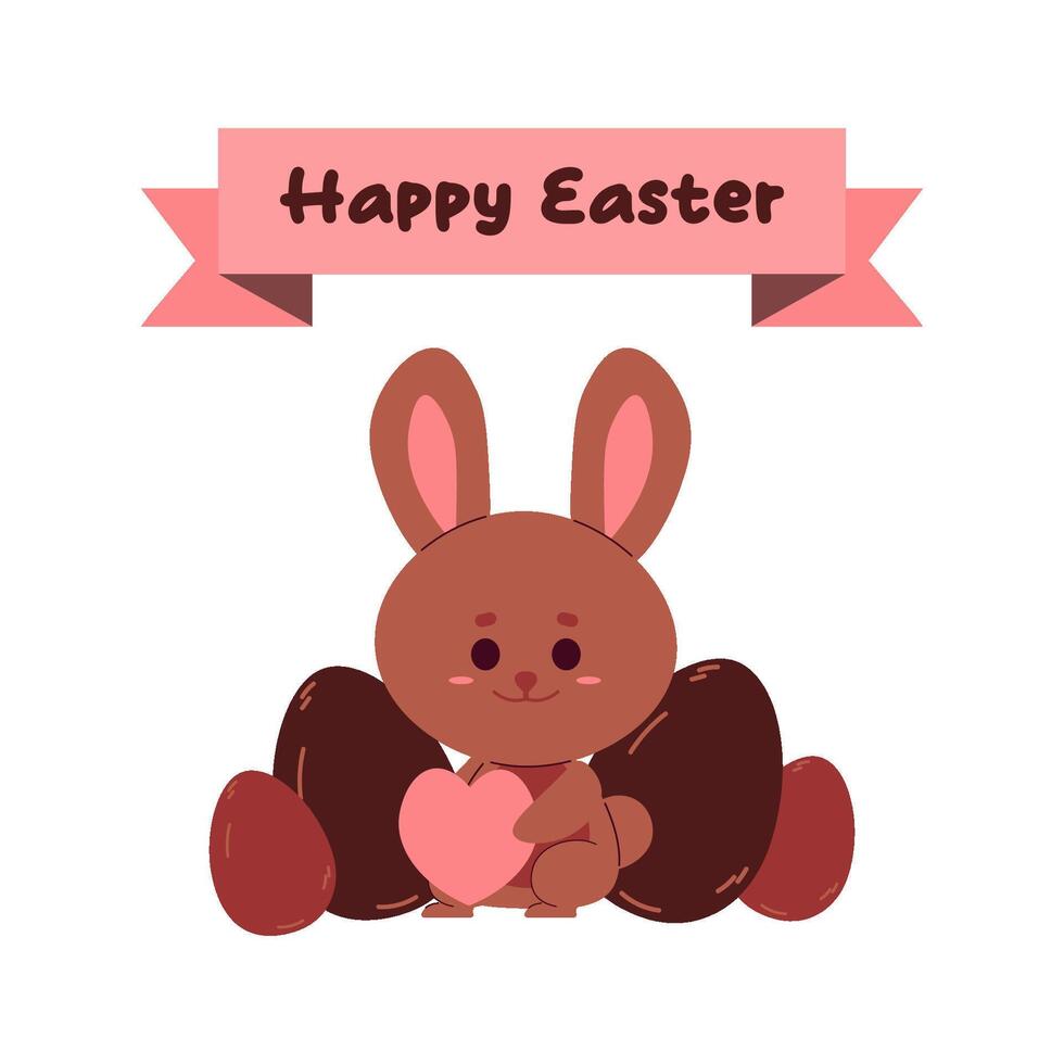 banner Happy Easter. Chocolate bunny with eggs. Vector flat illustration