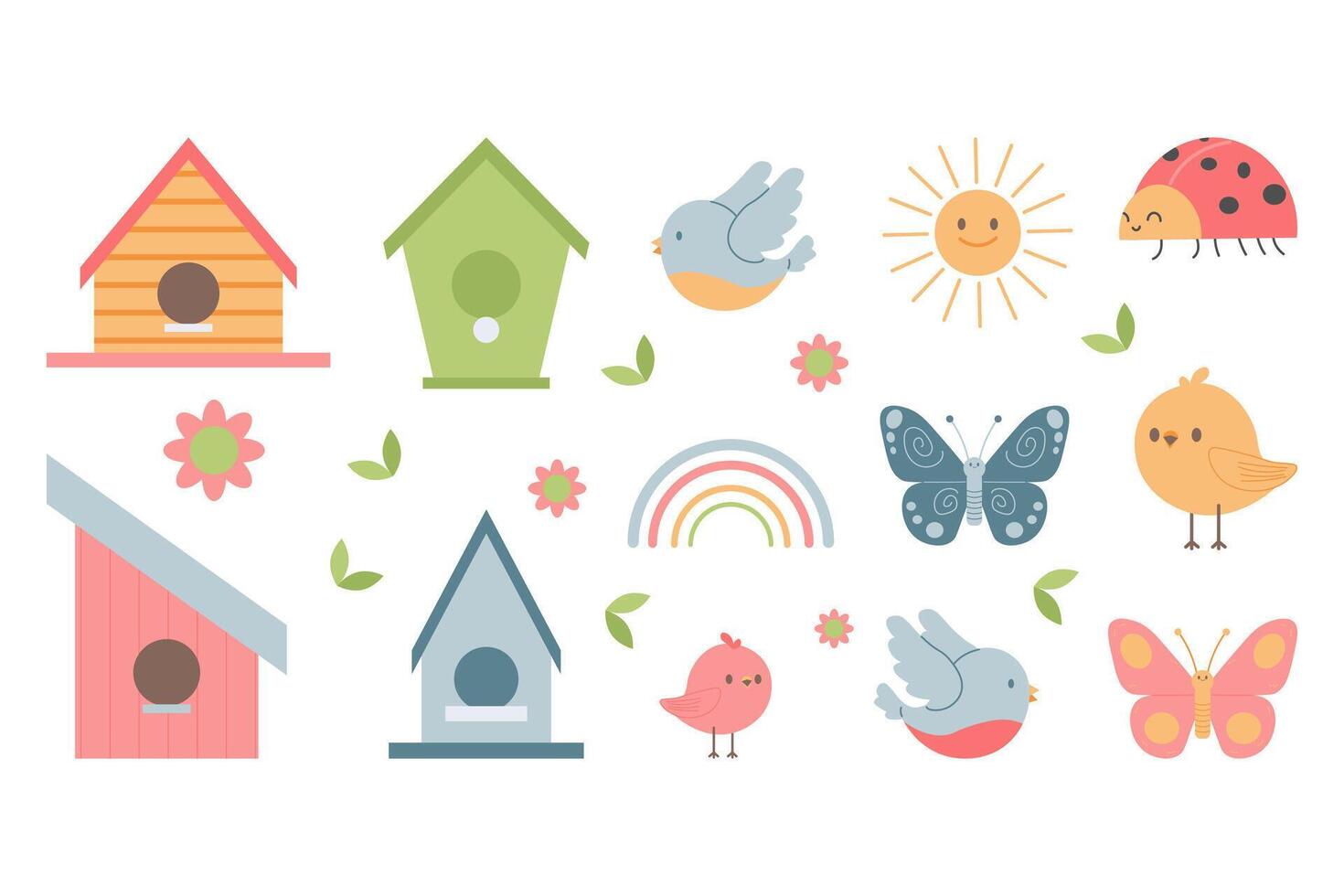 primavera o verano colocar. plano vector ilustración. casas de aves