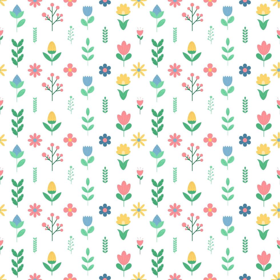 seamless pattern of Spring or summer flowers and leaves. vector in flat cartoon style.