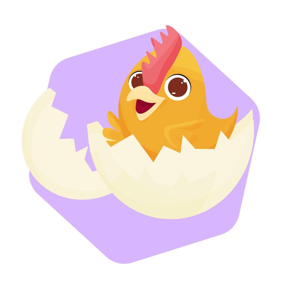 Cute vector yellow newborn chick in a broken eggshell.