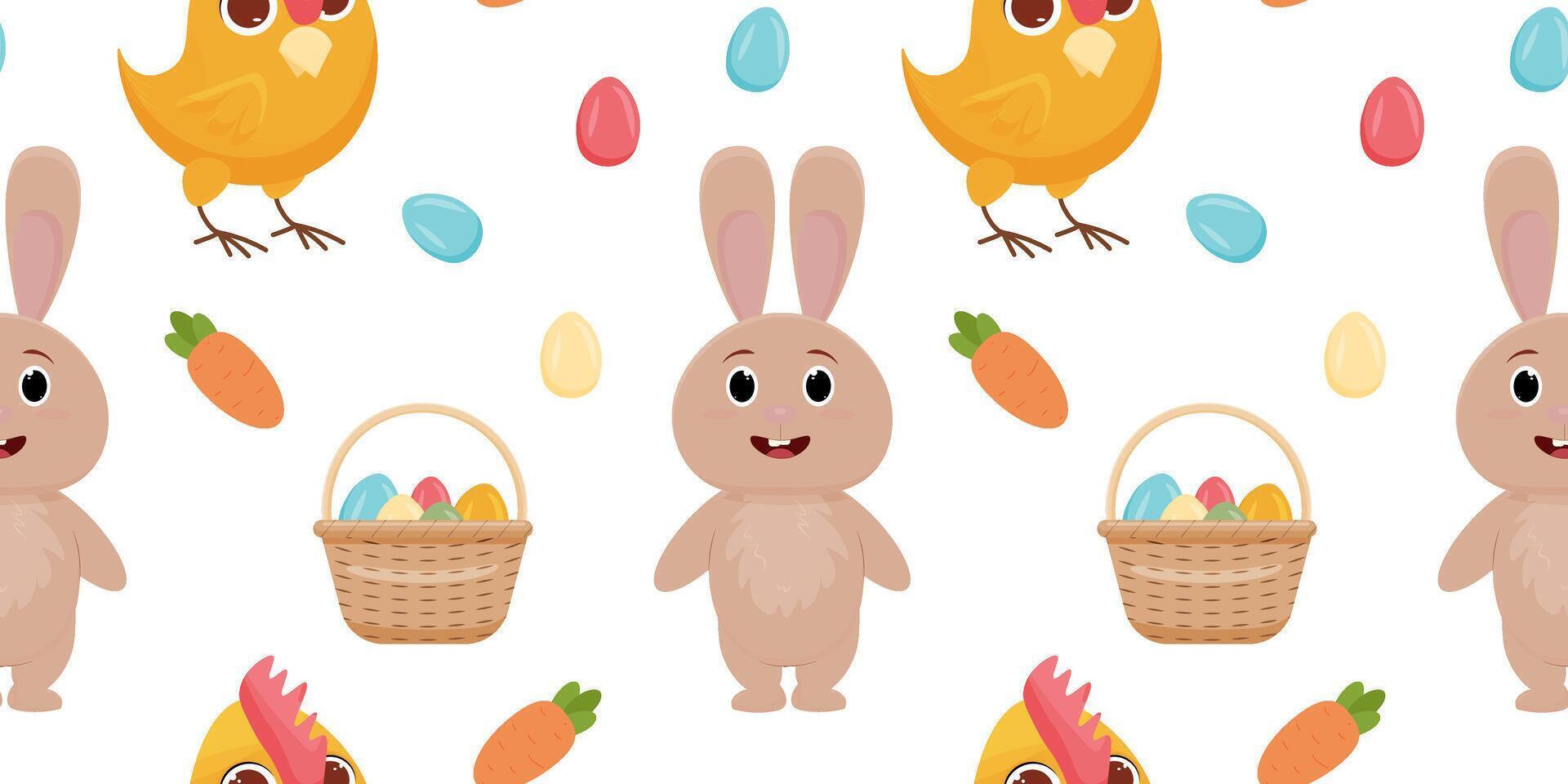 sin costura modelo de contento Pascua de Resurrección. conejo, pollo, huevos, tarta, zanahoria. vector ilustración