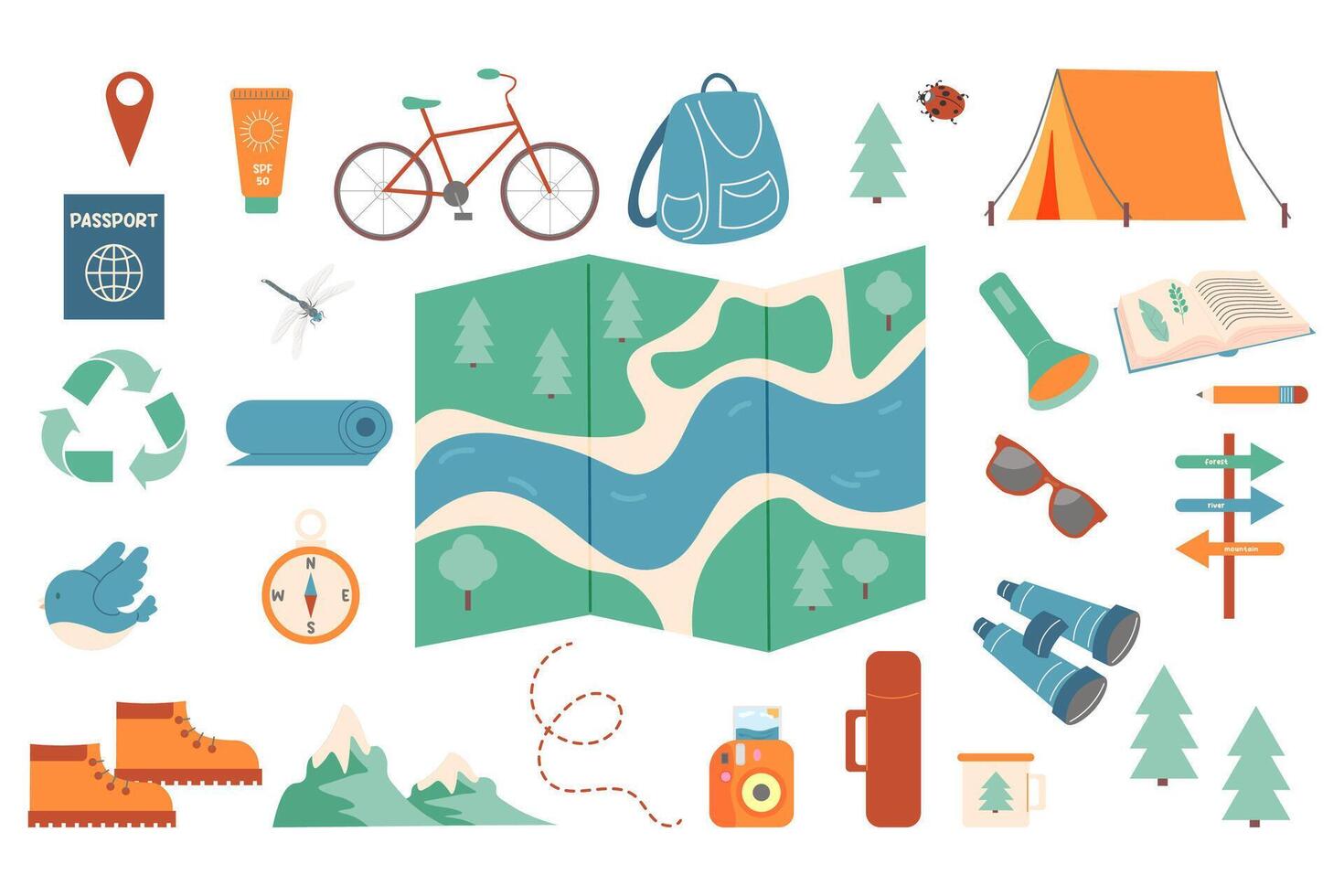 ecoturismo. un conjunto de artículos para el caminata, equipo. viajes ecológicos. vector ilustración. verano acampar en el bosque.