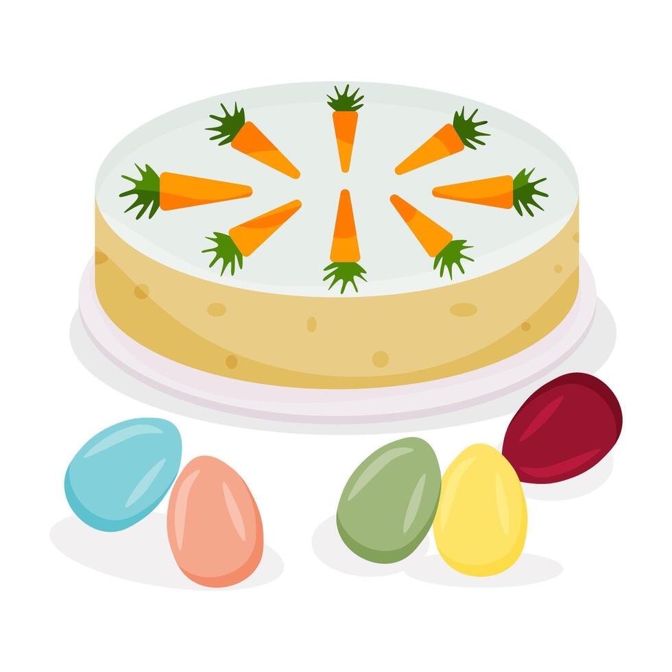 Vector carrot cake with easter eggs on a white background