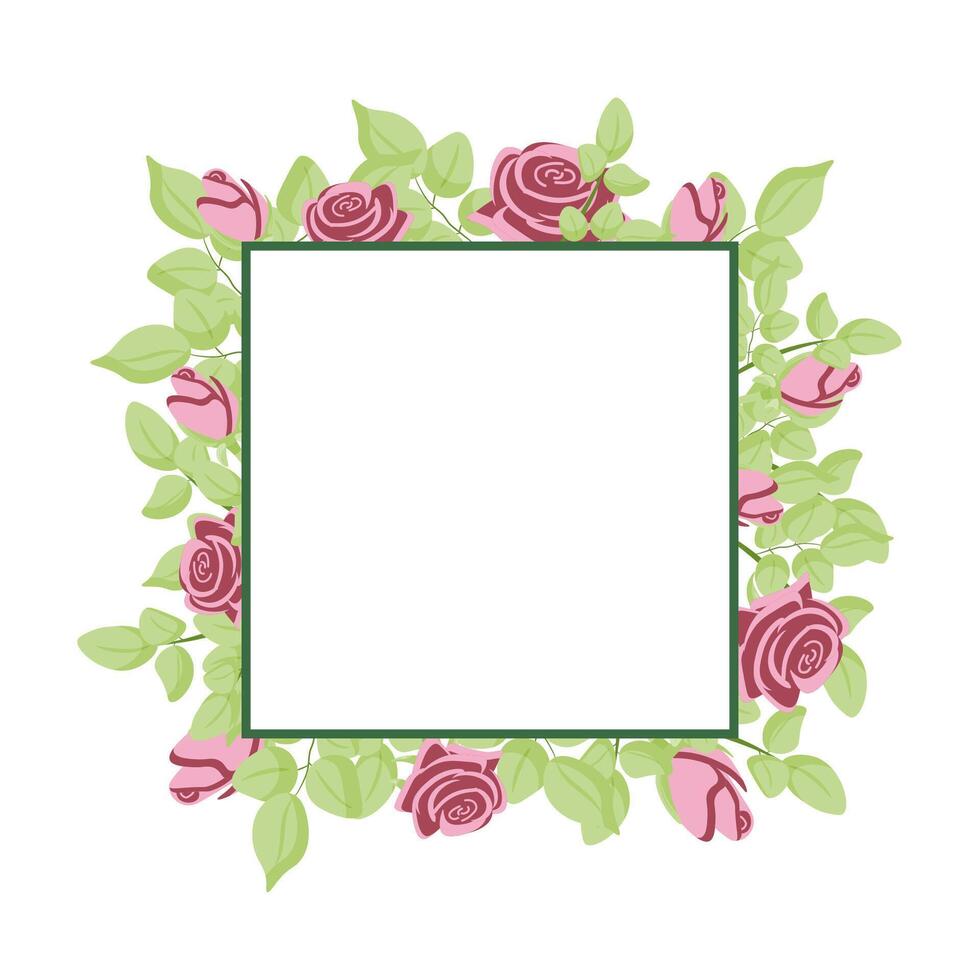 Vector background frame with pink roses and green leaves. Square white frame with flowers.