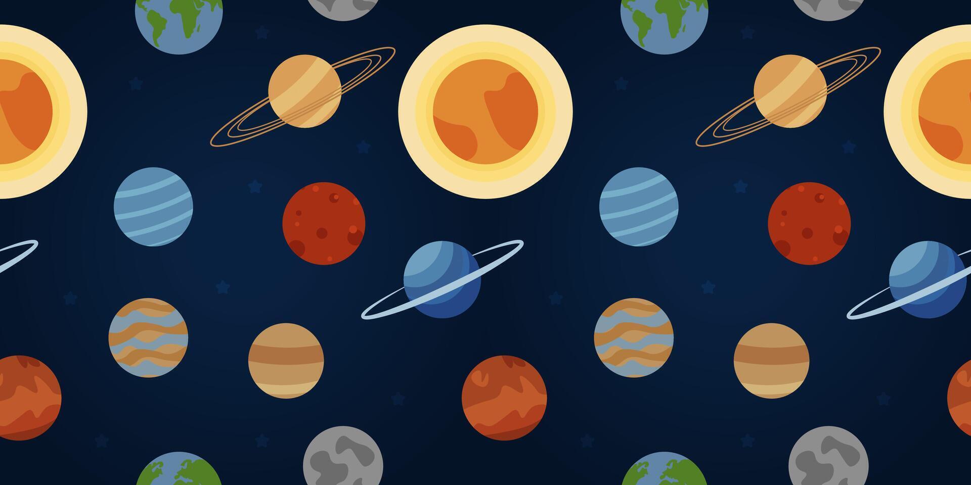 Seamless pattern with cartoon planets, stars. Vector illustration. Flat design. cosmos