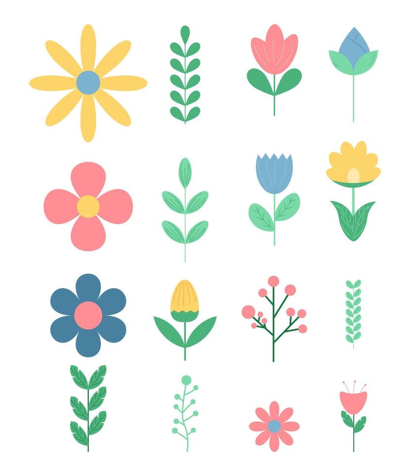 set of cute spring flowers and leaves in flat style on white. Kids style. vector illustration