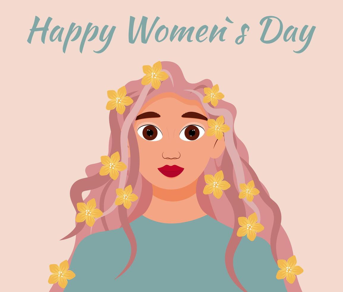 internacional De las mujeres día. retrato de un linda niña con flores en su cabello. primavera. vector