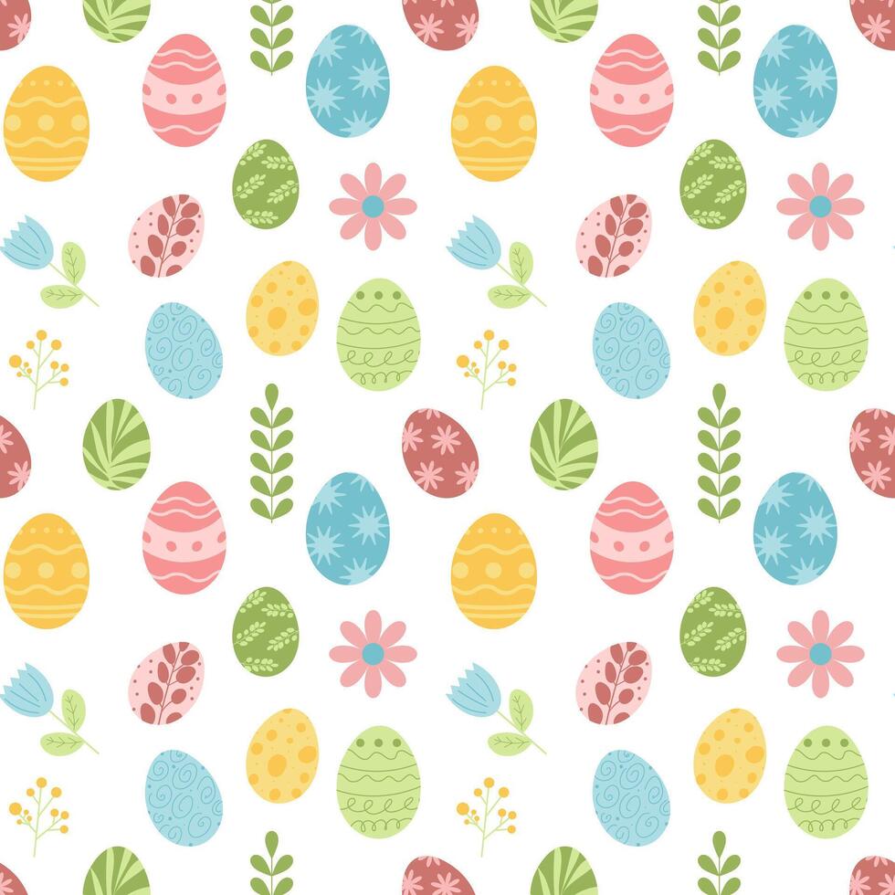 Seamless spring pattern with Easter eggs and flowers. Vector flat illustration.