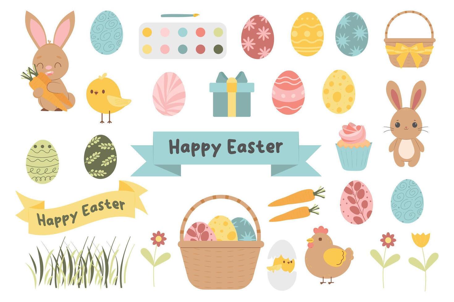 Easter spring set with cute eggs, birds, rabbits, flowers. Vector illustration