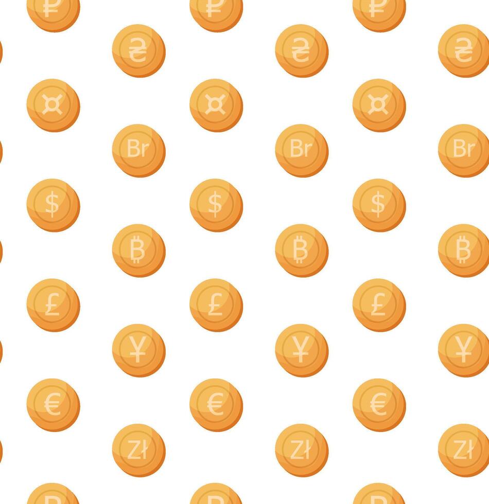 Vector illustration of gold coins of different currencies. concepts of bank, casino, bitcoin.