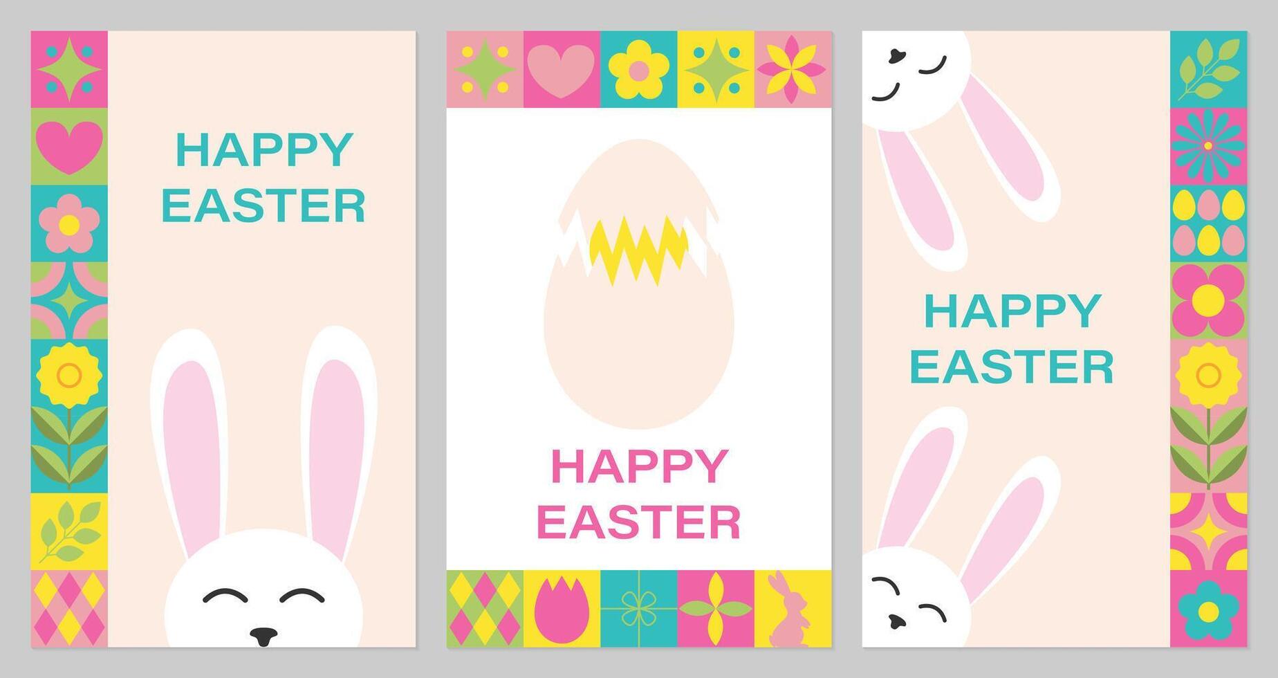 Set Happy Easter greeting cards with Groovy cute Bunny in trendy Geometric style. Vector illustration