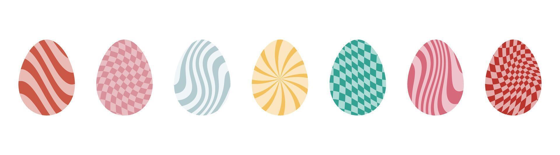 Easter eggs with retro groovy patterns in 60s 70s style set. Groovy hippie Happy Easter with distorted psychedelic design. Vector illustration