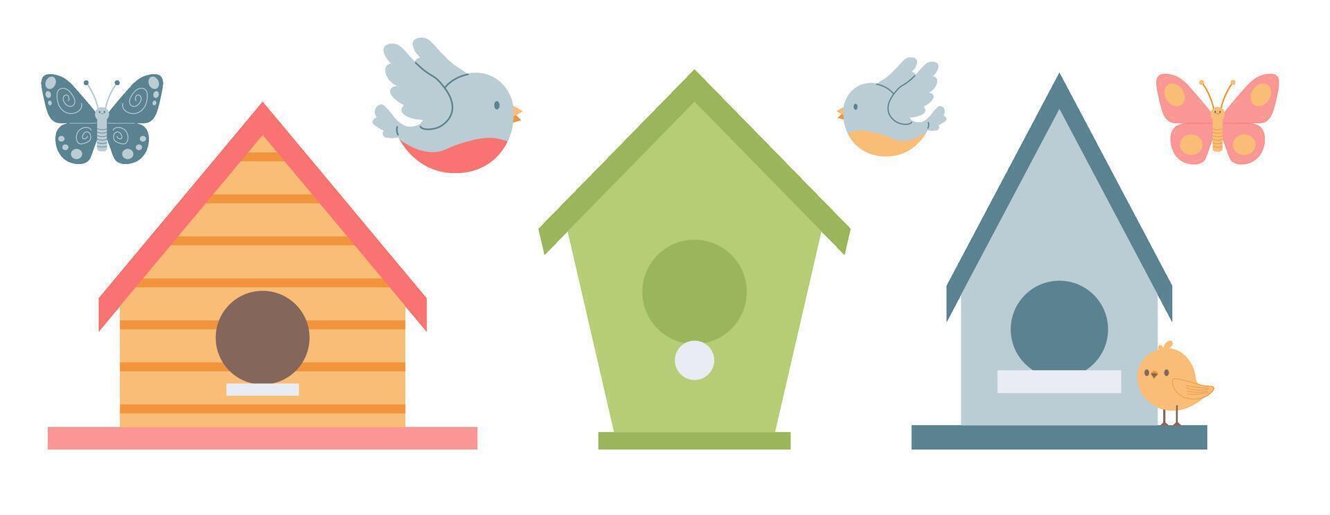 Spring birdhouses on white background. bird and butterfly. flat vector illustration.