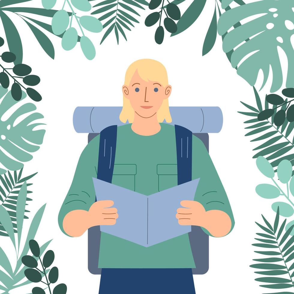 concept of ecotourism. a man with a backpack goes hiking. research and study of nature. vector