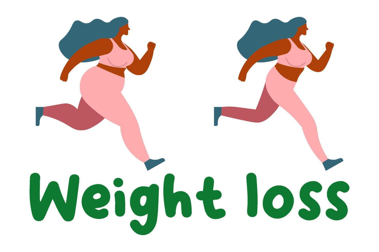 full woman is jogging. weight loss. concept of health and take care. results before and after. vector