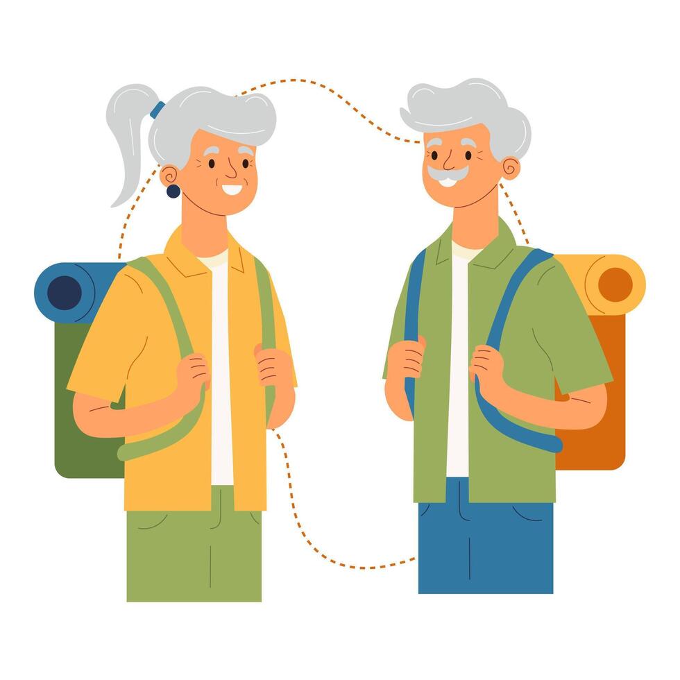 An elderly couple travels the world. Active elderly people. Flat vector illustration