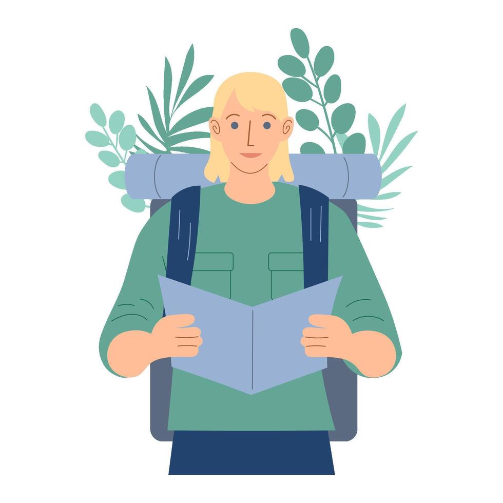 the concept of ecotourism, expedition, journey. a man with a backpack. vector