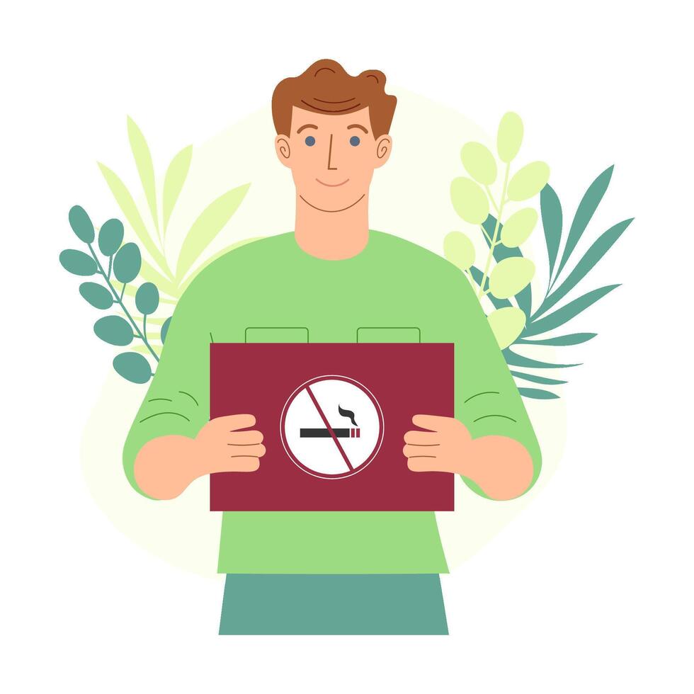 A cute man holds a banner with the text Stop smoking. flat vector. quit smoking. vector