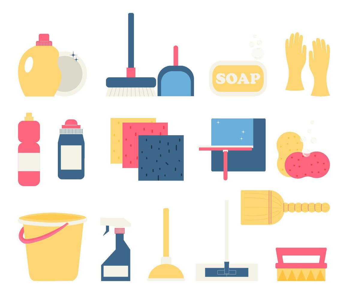 A set of household supplies and tools for spring cleaning. Hygienic chemistry and sanitation equipment. Vector illustration