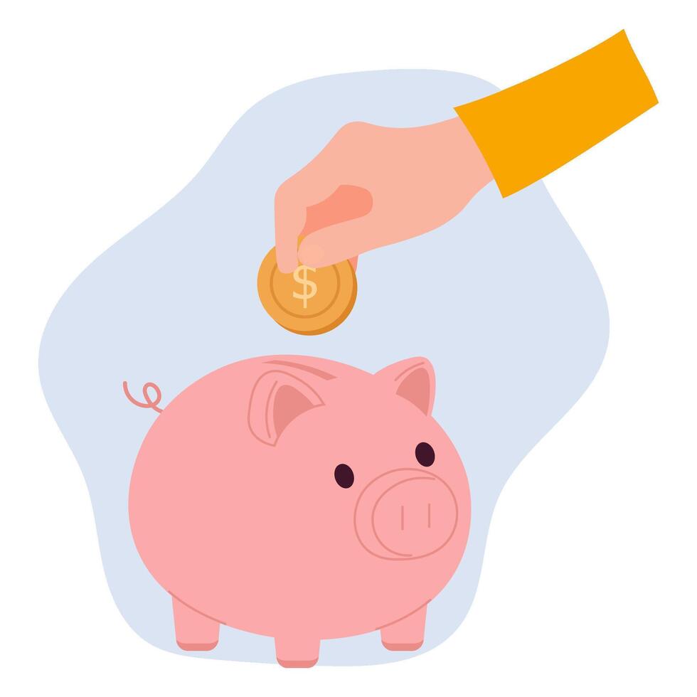 person puts money in a piggy bank. Finance and banking, investments. Vector illustration