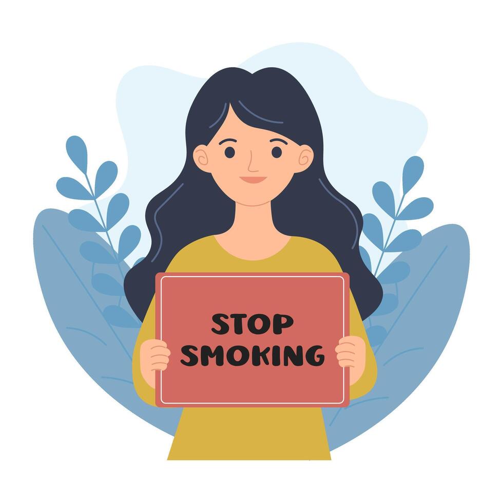 quit smoking. A cute girl holds a banner with the text Stop smoking. Flat vector