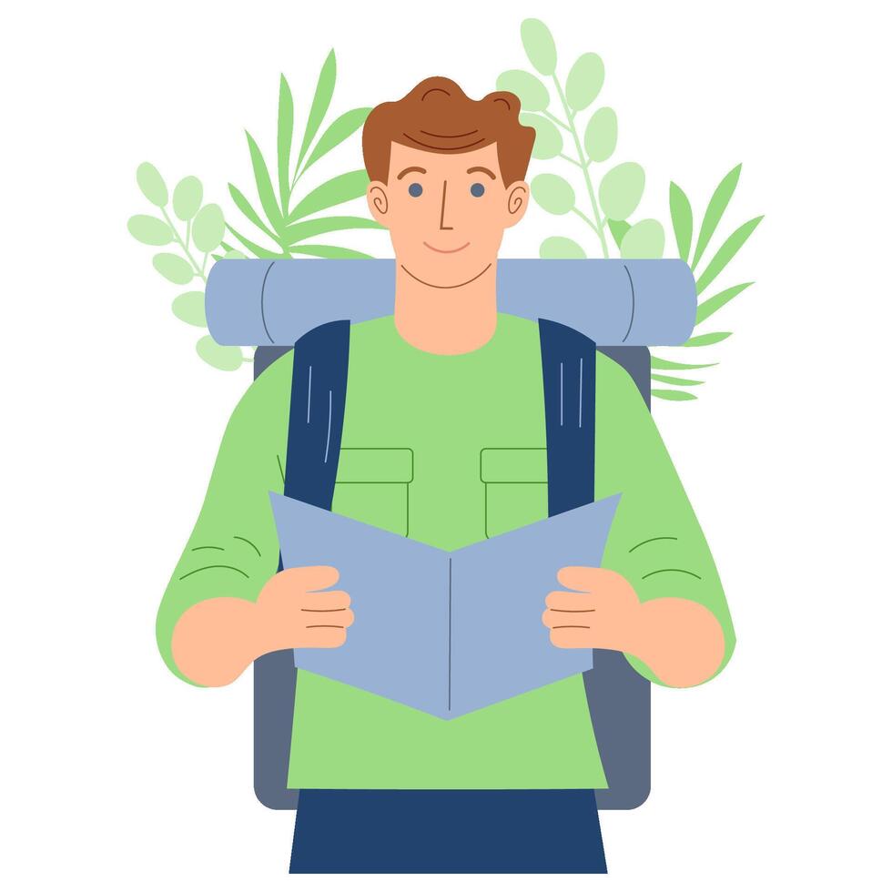 concepto de ecoturismo, expedición, viaje. un hombre con un mochila sostiene un mapa en su manos. vector