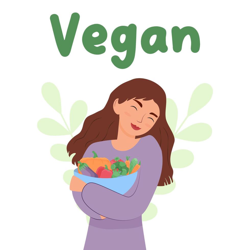 Woman is eating vegetables. Diet food, healthy lifestyle, vegetarian food, take care. Flat vector illustration.