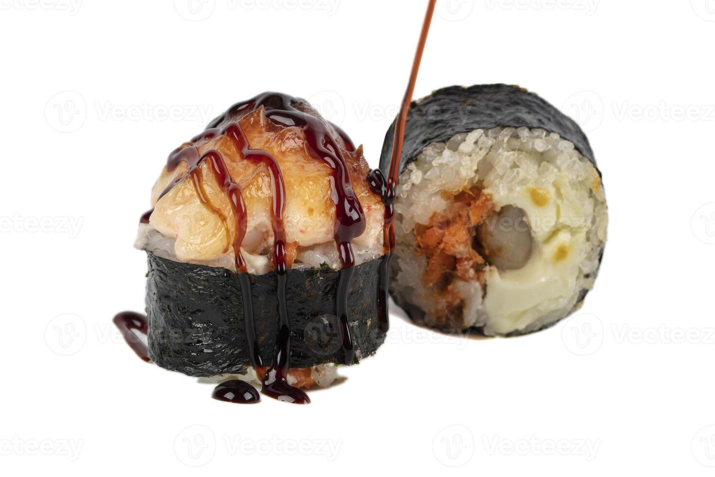 Sushi isolated on white background. Baked sushi with soy sauce. photo