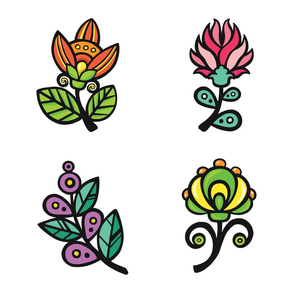 stylized set of ethnic bright flowers, vector