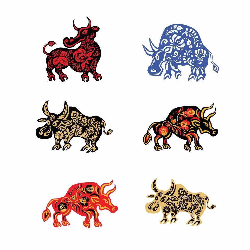 set of Taurus, bull, buffalo with retro ethno vector illustration eps 10