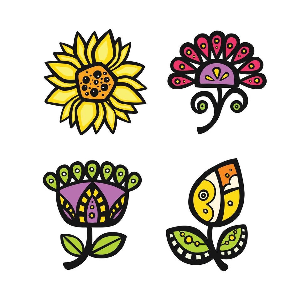 stylized set of ethnic bright flowers, vector