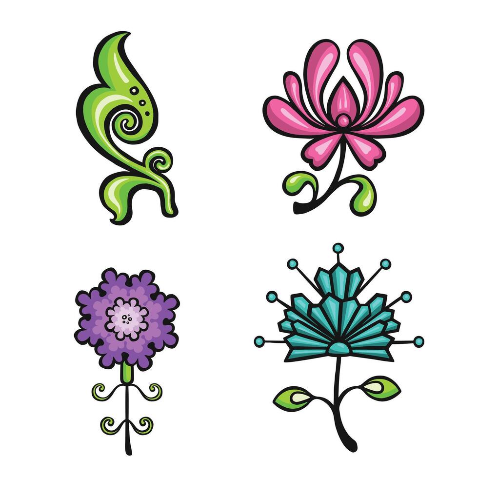 stylized set of ethnic bright flowers, vector