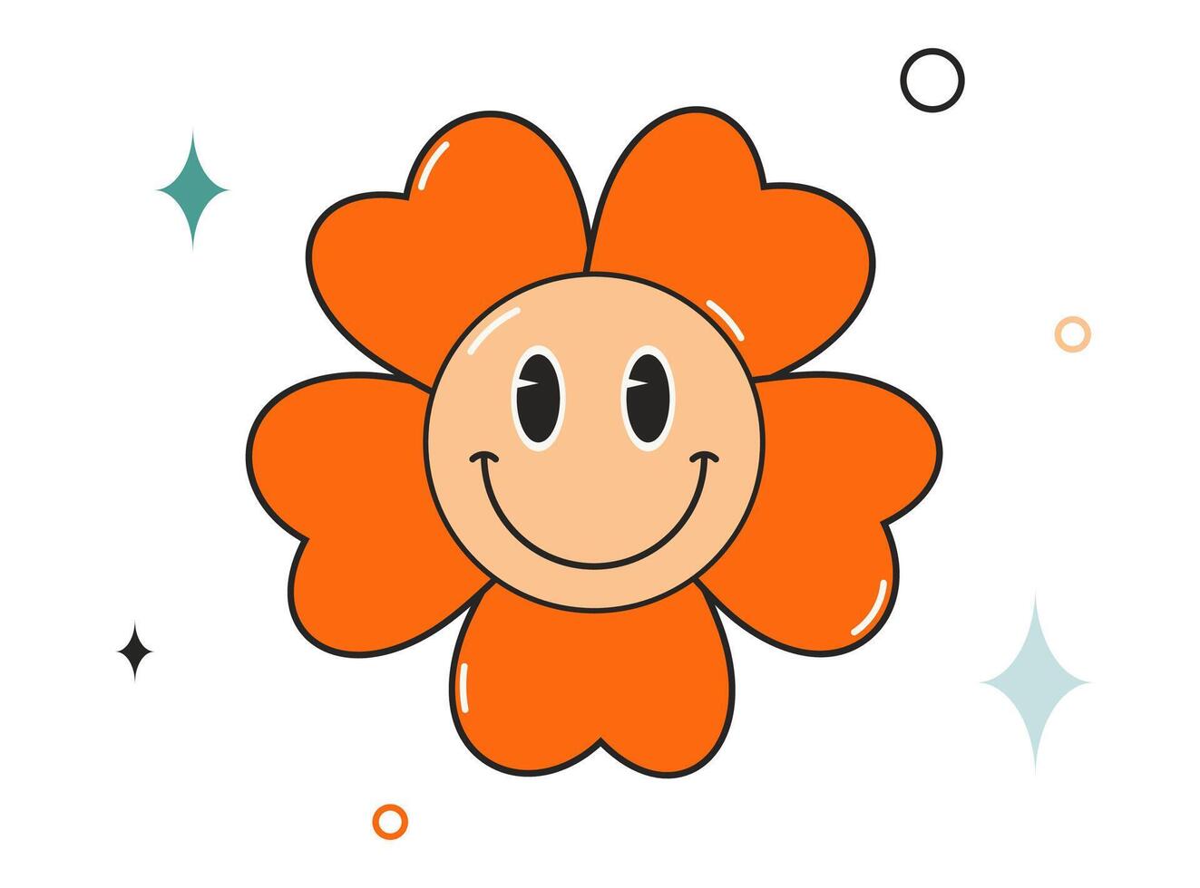 Groovy spring flower character. Hippie 70s style. Sticker, t-shirt design in trendy retro style. Vector illustration isolated on a white background.