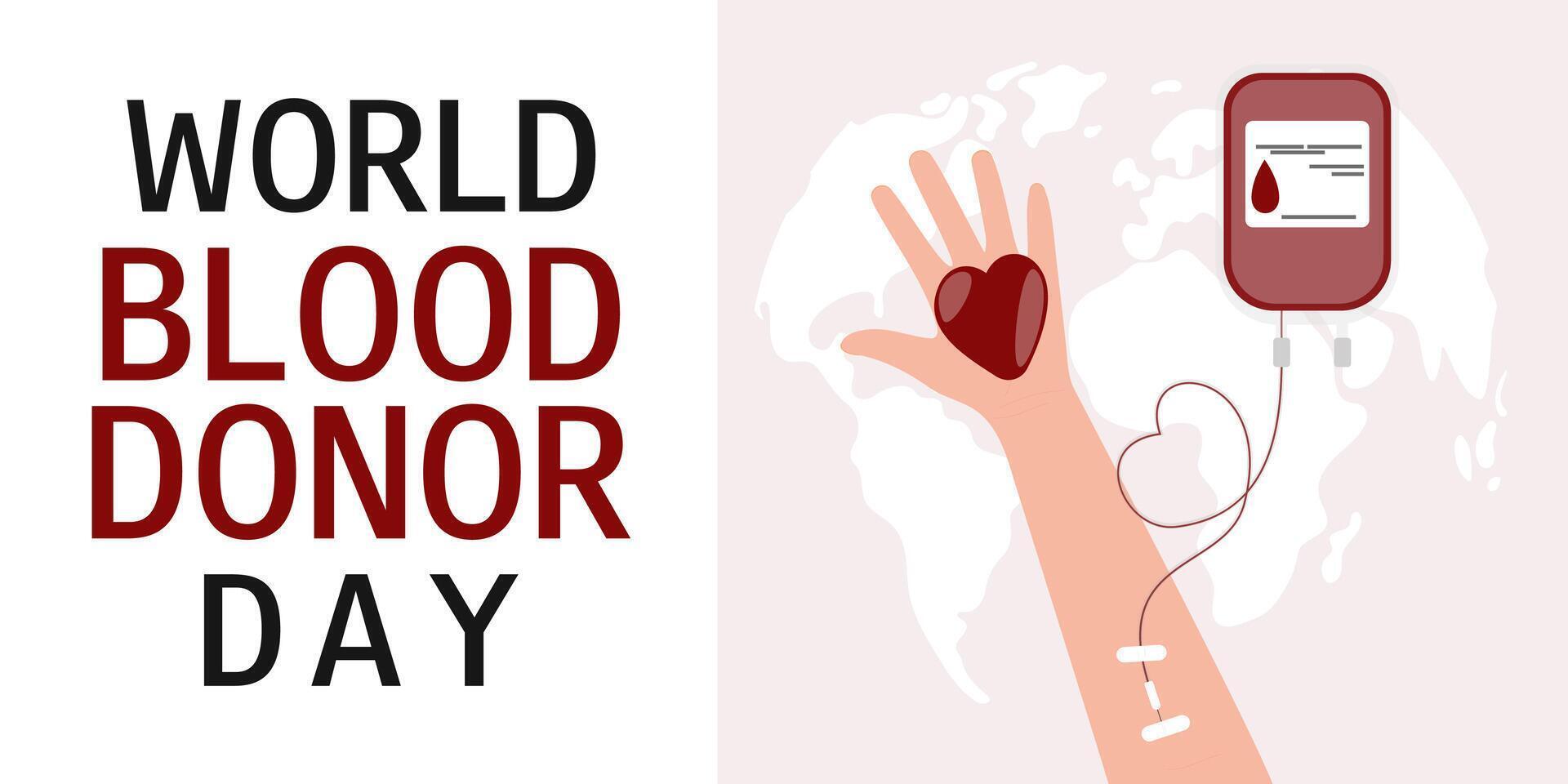 mujer mano y sangre bolsa. mundo sangre donante día. junio 14 sangre donación concepto. horizontal bandera, póster, tarjeta, volantes. vector