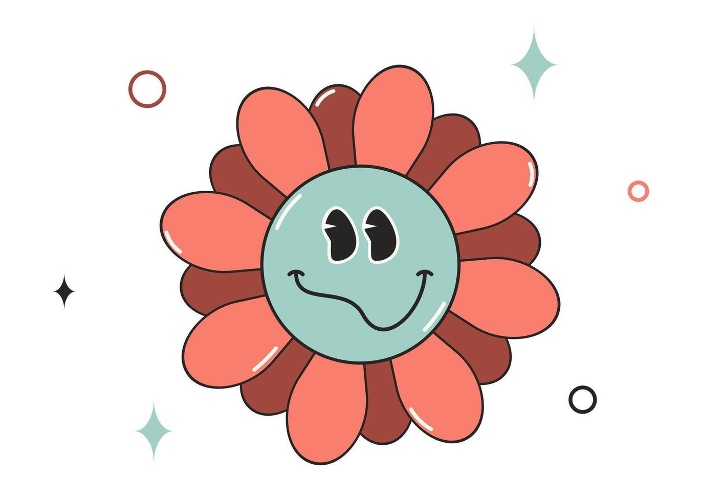 Funny groovy flower character. 70s style. Sticker, t-shirt design in trendy hippie style. Retro illustration isolated on a white background. vector