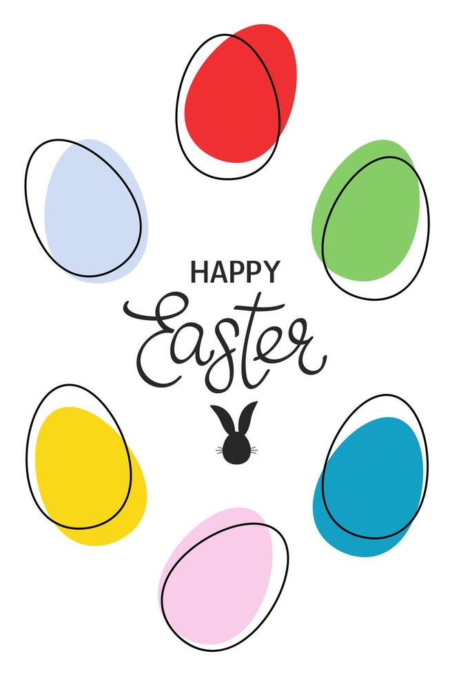 Easter vertical banner with lettering and colorful eggs. Flat minimalistic vector illustration. Lineart modern style. Hand drawn boho background. Template for greeting card.