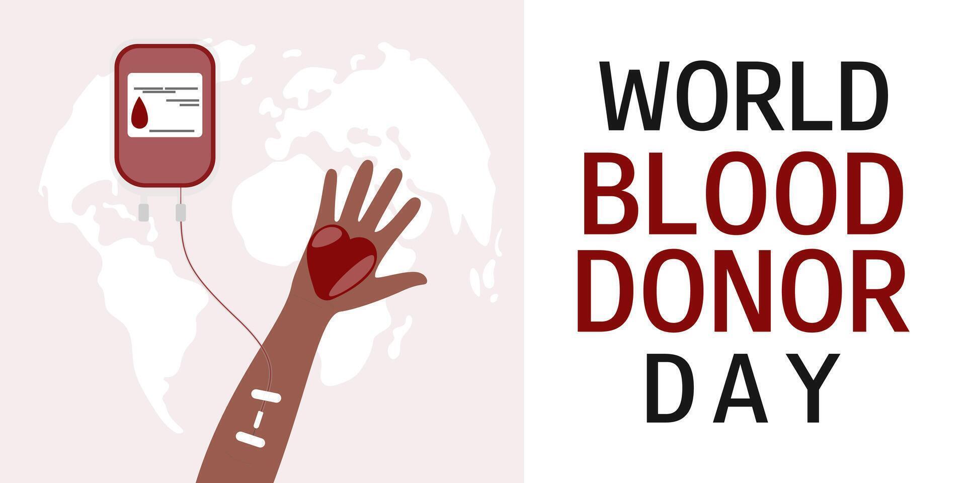 Blood donation concept. World blood donor day. June 14. Human hand and blood bag. Black man donates blood. Horizontal banner, poster, card, flyer. vector