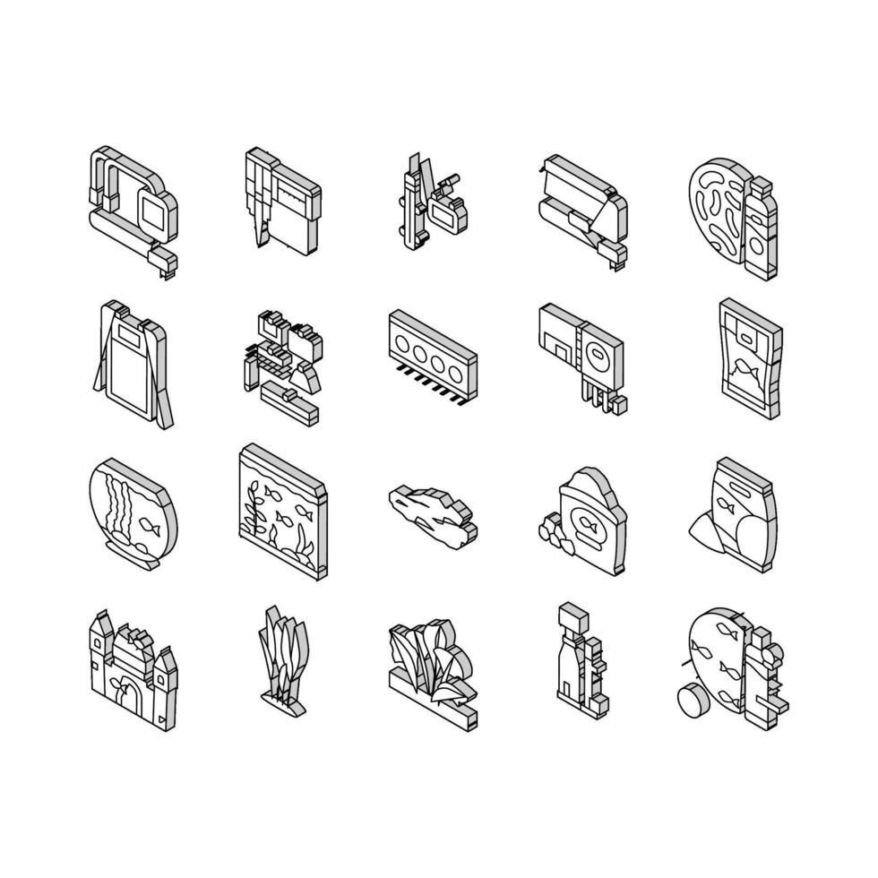 aquarium fish water sea tank isometric icons set vector
