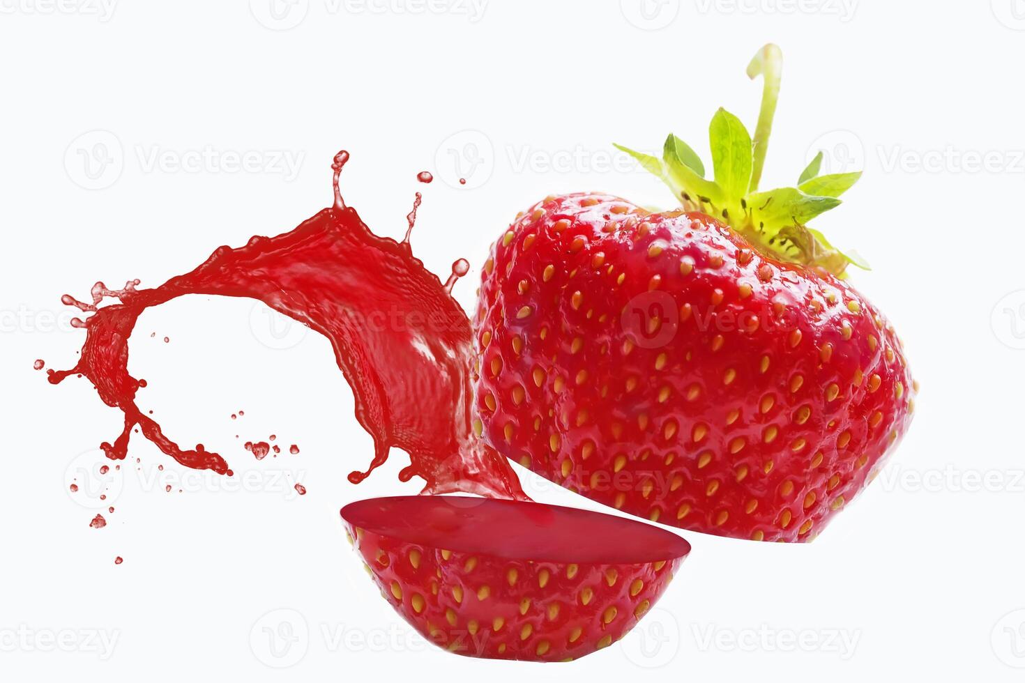 Strawberry sliced with splashing juice on a white background photo