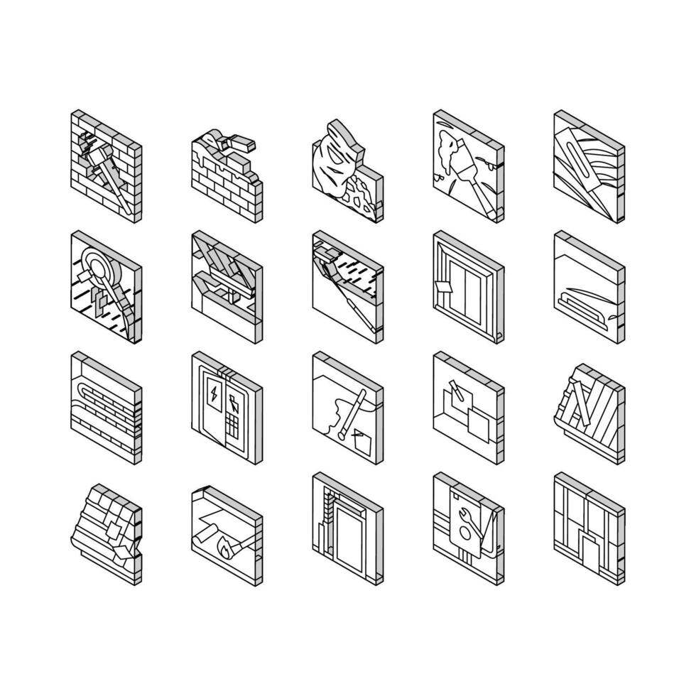 construction crane house work isometric icons set vector