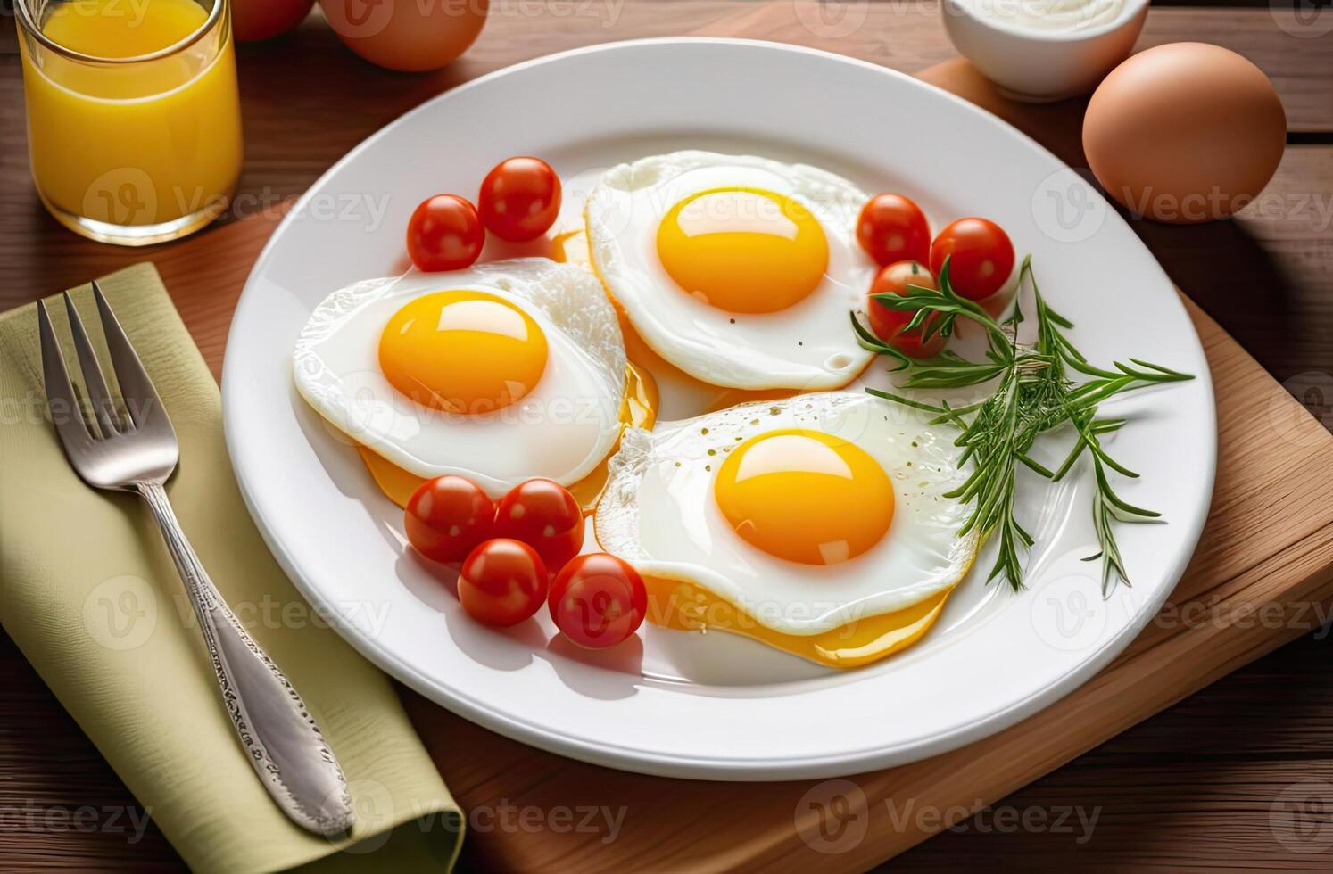 AI generated Fried eggs close up on a white plate with herbs on table. Traditional delicious breakfast. AI generated photo