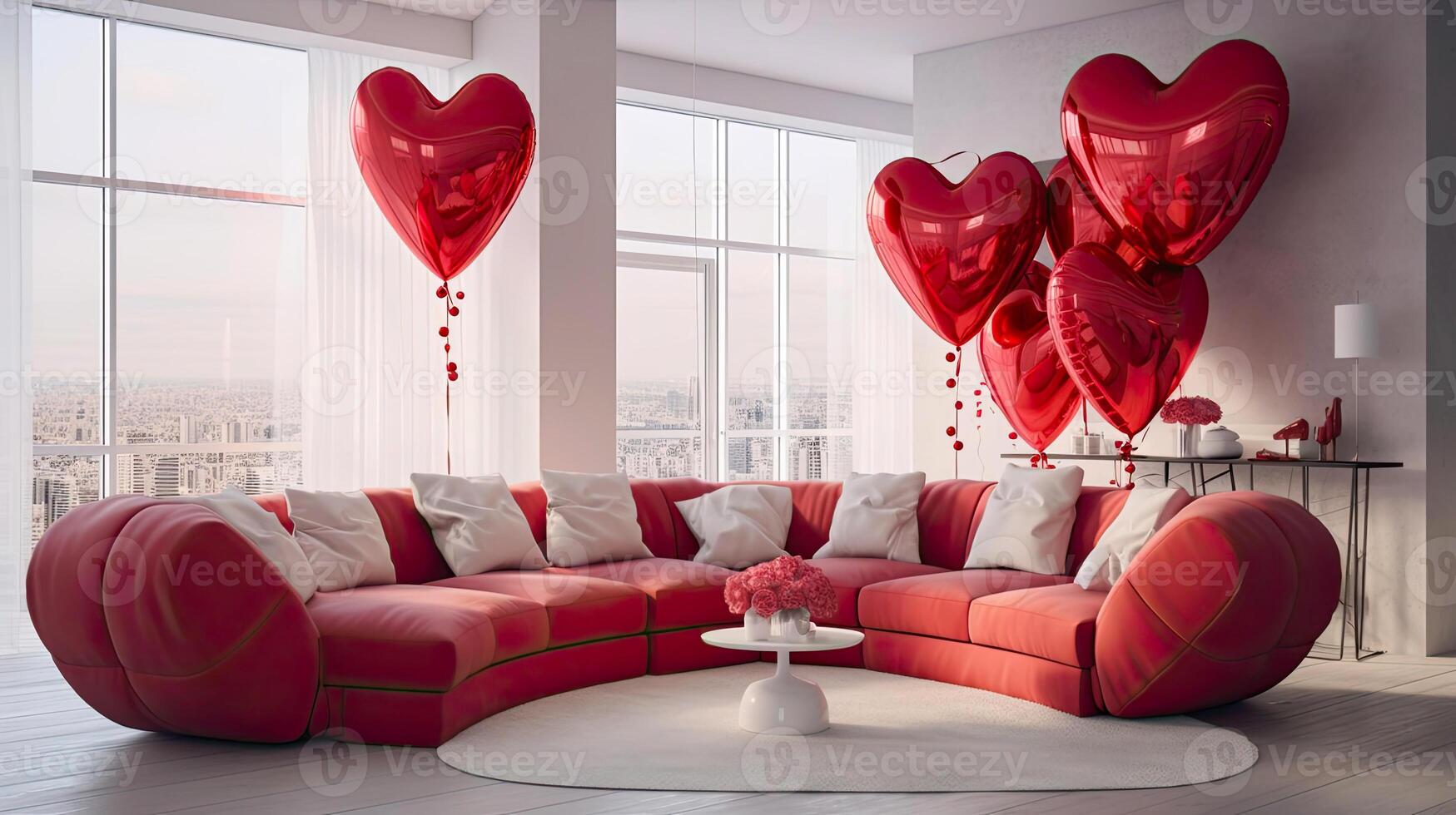 AI generated The red sofa in the white living room is decorated with red heart-shaped balloons for Valentine's Day. AI generated photo