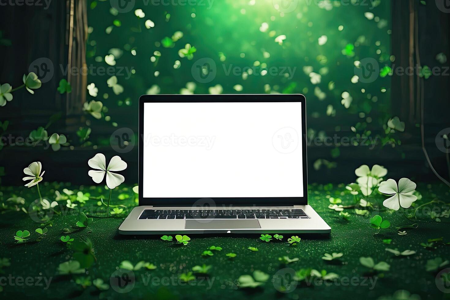 AI generated Laptop with a white blank mock up screen in green clover for St. Patrick's Day. Seasonal remote work, internet, a holiday card, shopping, Luck, green house. AI generated photo