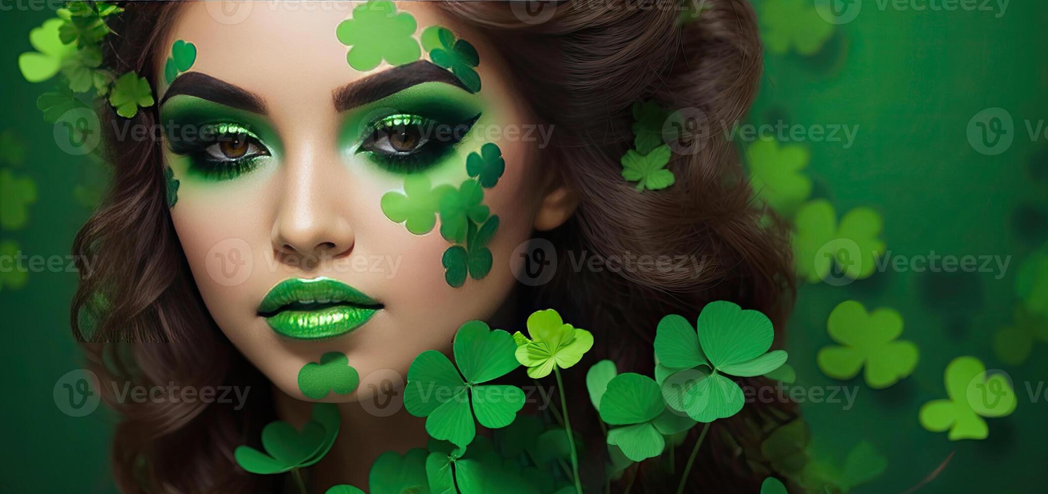 AI generated Makeup and hairstyle of a young woman in green with clover leaves for St. Patrick's Day. Close-up beauty portrait. AI generated photo