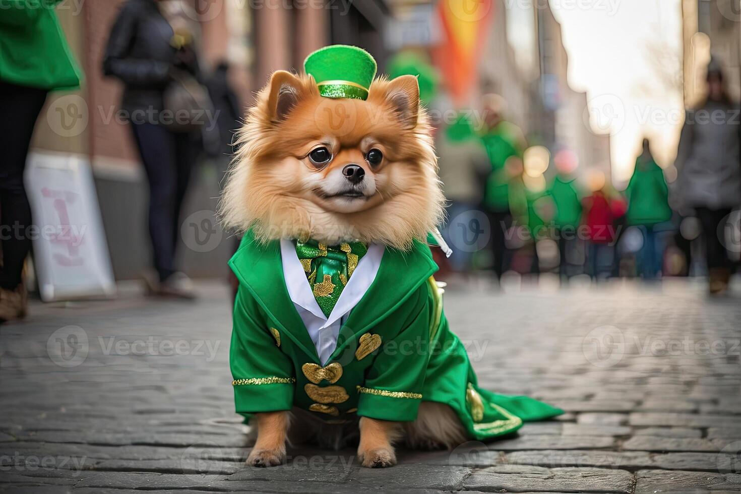 AI generated A ginger dog of the German Spitz breed in a green suit with clover for the St. Patrick's Day holiday on the street of the city. Clothes for small breeds of dogs, party. AI generated photo