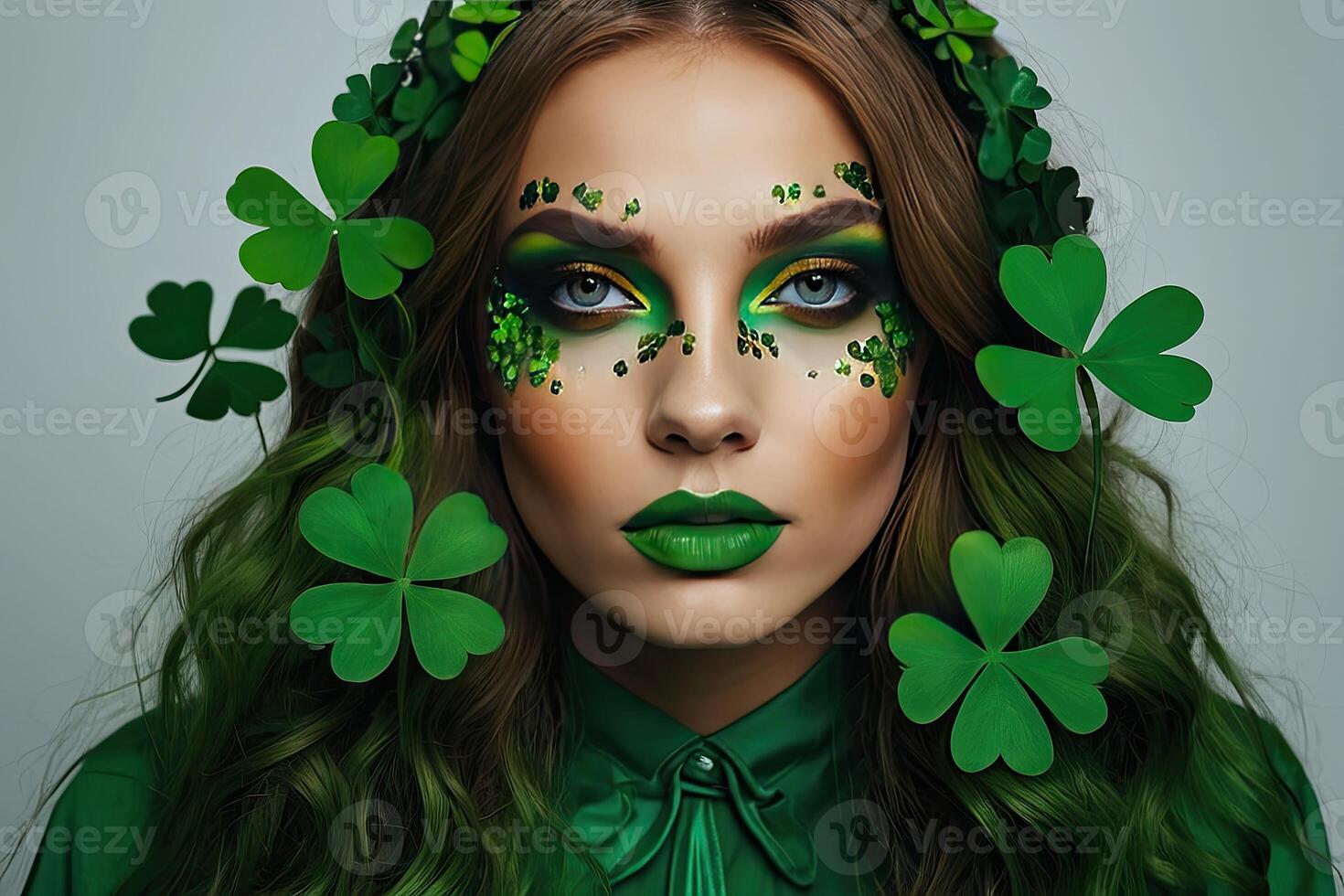 AI generated Makeup and hairstyle of a young woman in green with clover leaves for St. Patrick's Day. Close-up beauty portrait. AI generated photo