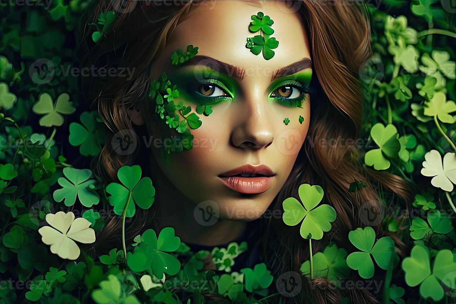 AI generated Makeup and hairstyle of a young woman in green with clover leaves for St. Patrick's Day. Close-up beauty portrait. AI generated photo