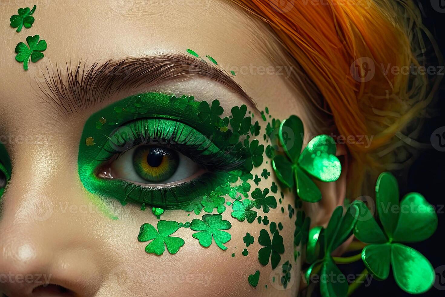 AI generated Makeup and hairstyle of a young woman in green with clover leaves for St. Patrick's Day. Close-up beauty portrait. AI generated photo